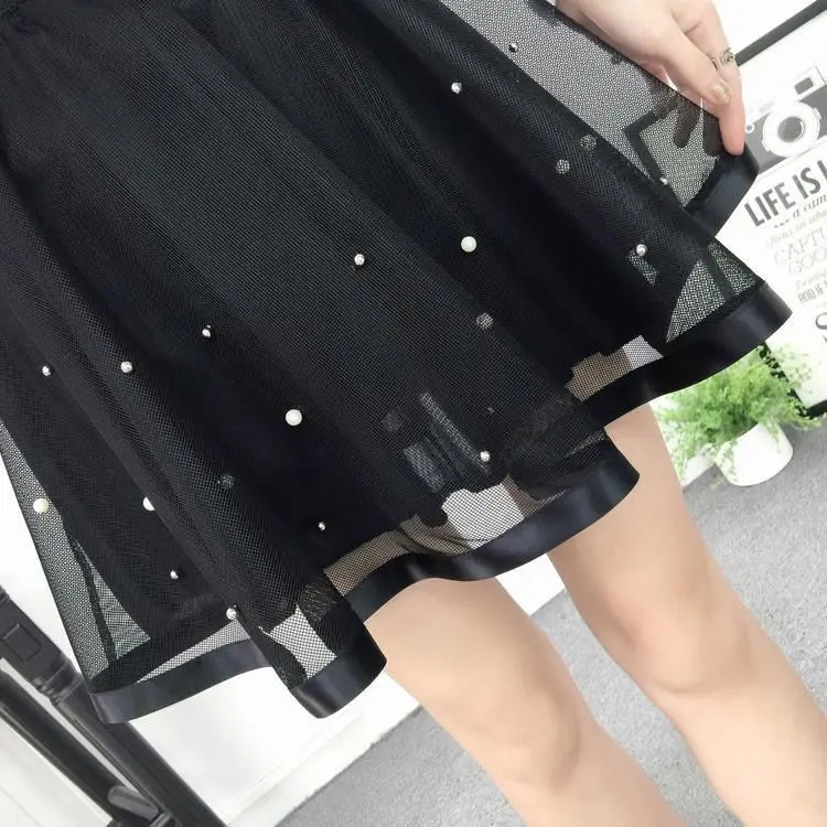 Summer New Elastic High Waist Skirt Women All-match A Line Shaggy Short Skirt Black Mesh Lace Pleated Pure Color Young Fashion