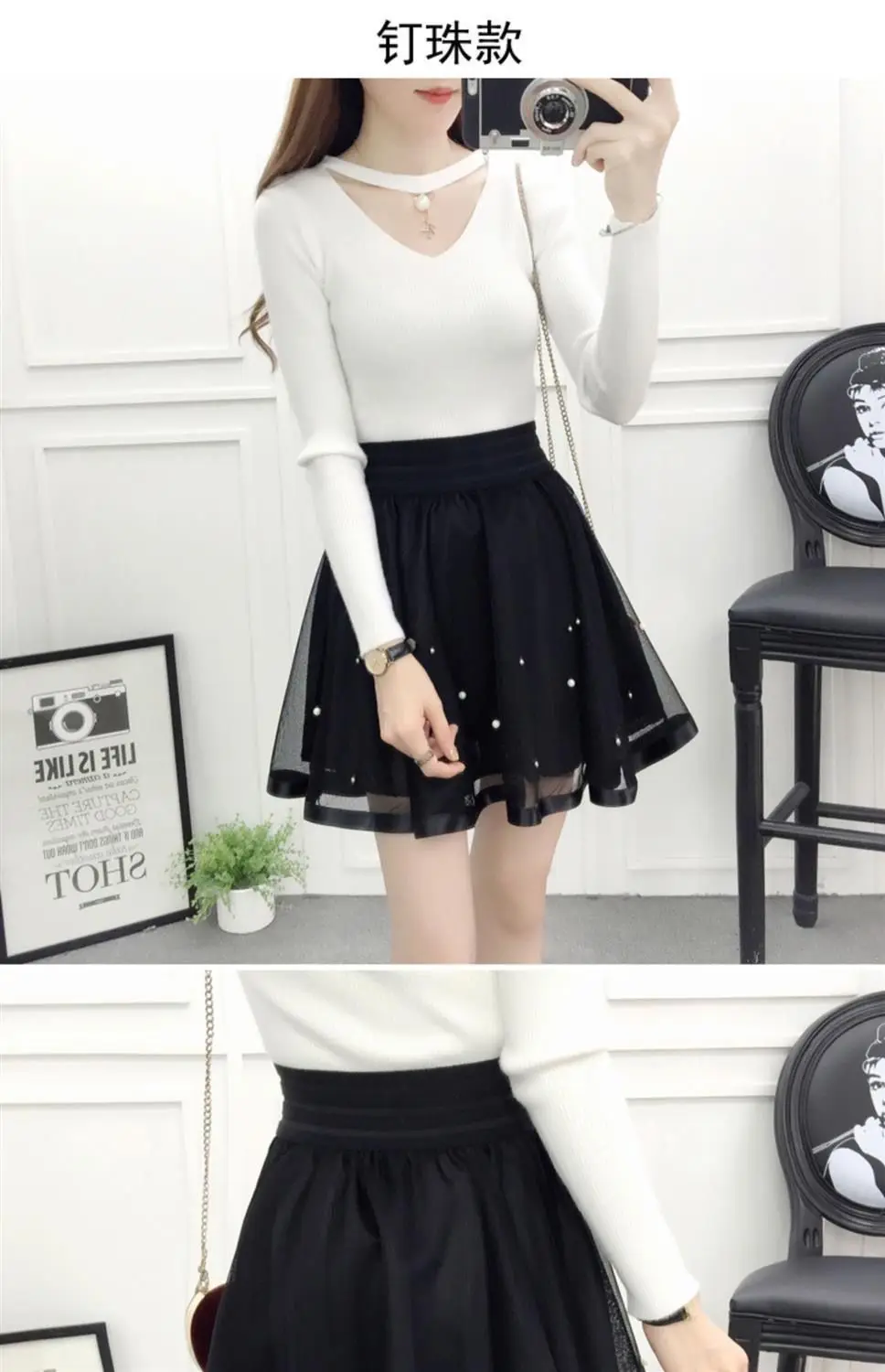 Summer New Elastic High Waist Skirt Women All-match A Line Shaggy Short Skirt Black Mesh Lace Pleated Pure Color Young Fashion
