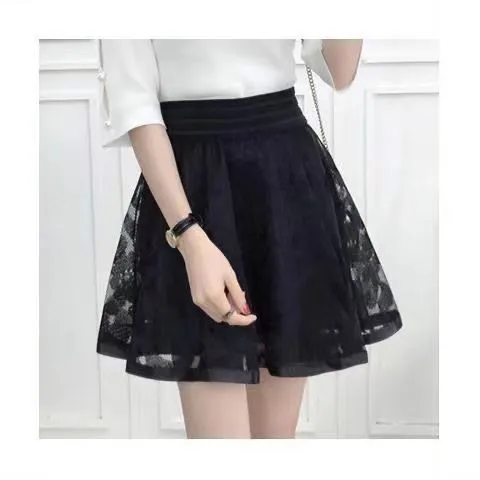 Summer New Elastic High Waist Skirt Women All-match A Line Shaggy Short Skirt Black Mesh Lace Pleated Pure Color Young Fashion
