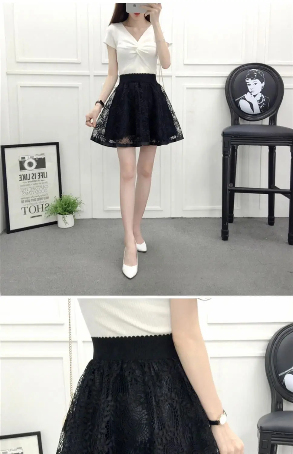 Summer New Elastic High Waist Skirt Women All-match A Line Shaggy Short Skirt Black Mesh Lace Pleated Pure Color Young Fashion