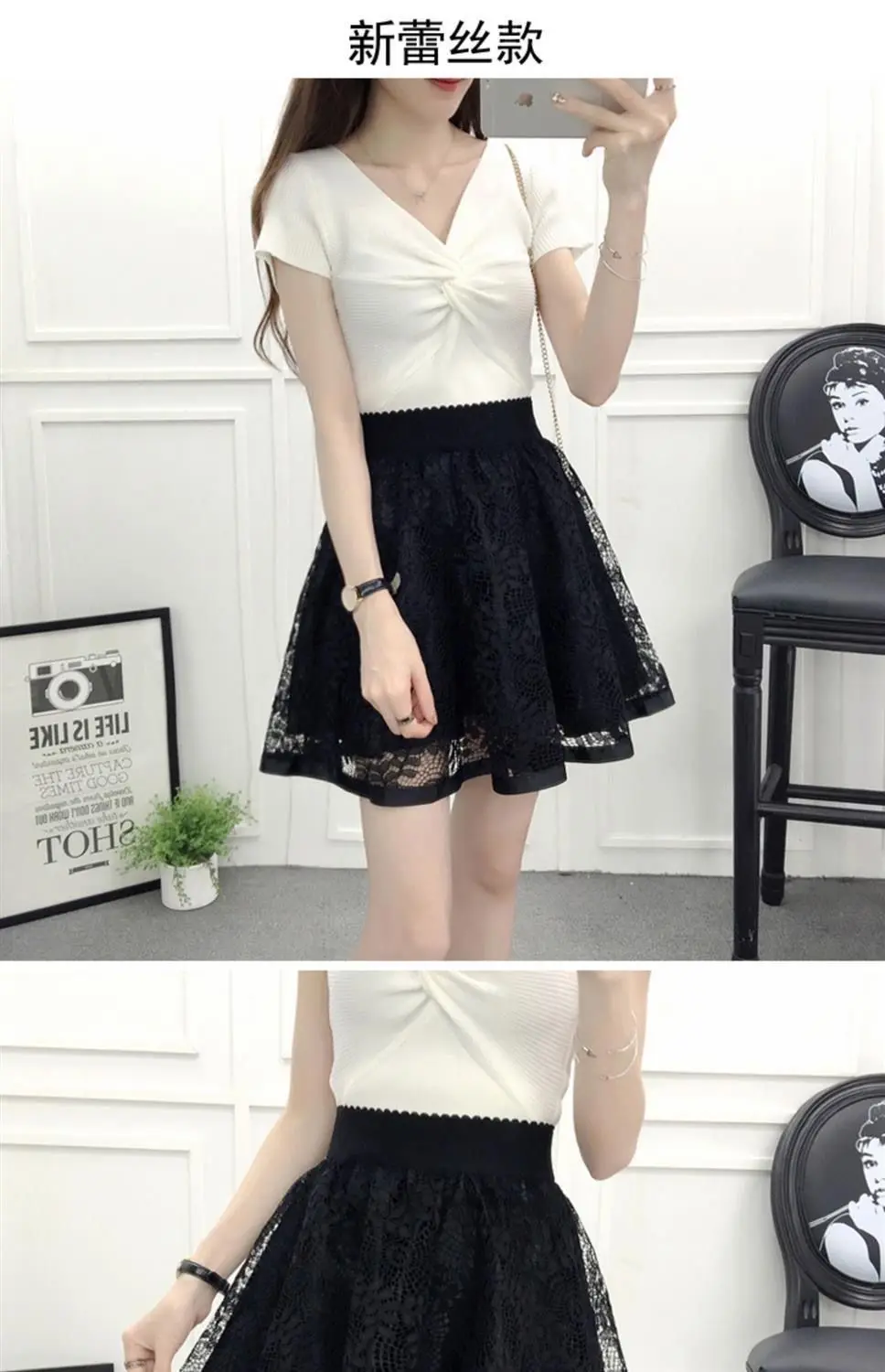 Summer New Elastic High Waist Skirt Women All-match A Line Shaggy Short Skirt Black Mesh Lace Pleated Pure Color Young Fashion