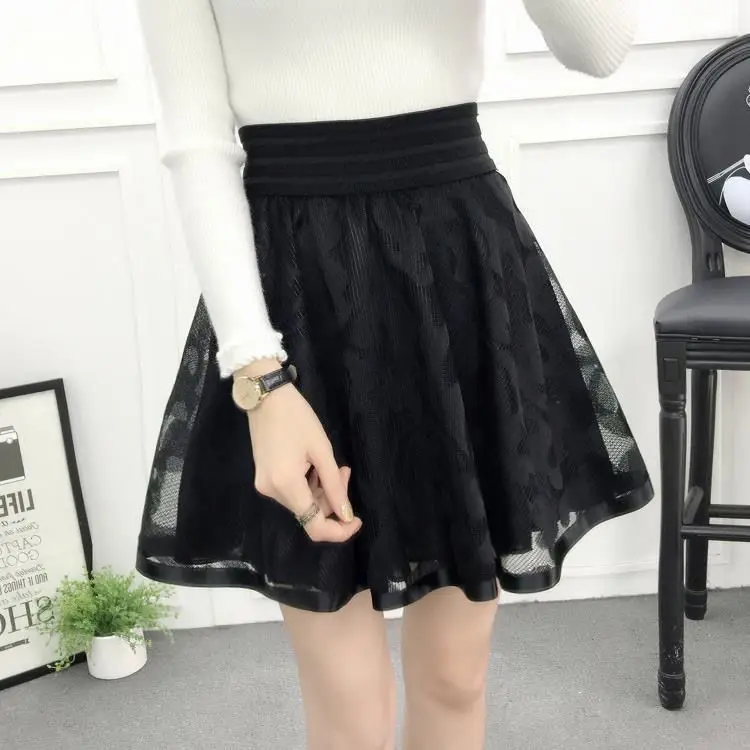 Summer New Elastic High Waist Skirt Women All-match A Line Shaggy Short Skirt Black Mesh Lace Pleated Pure Color Young Fashion