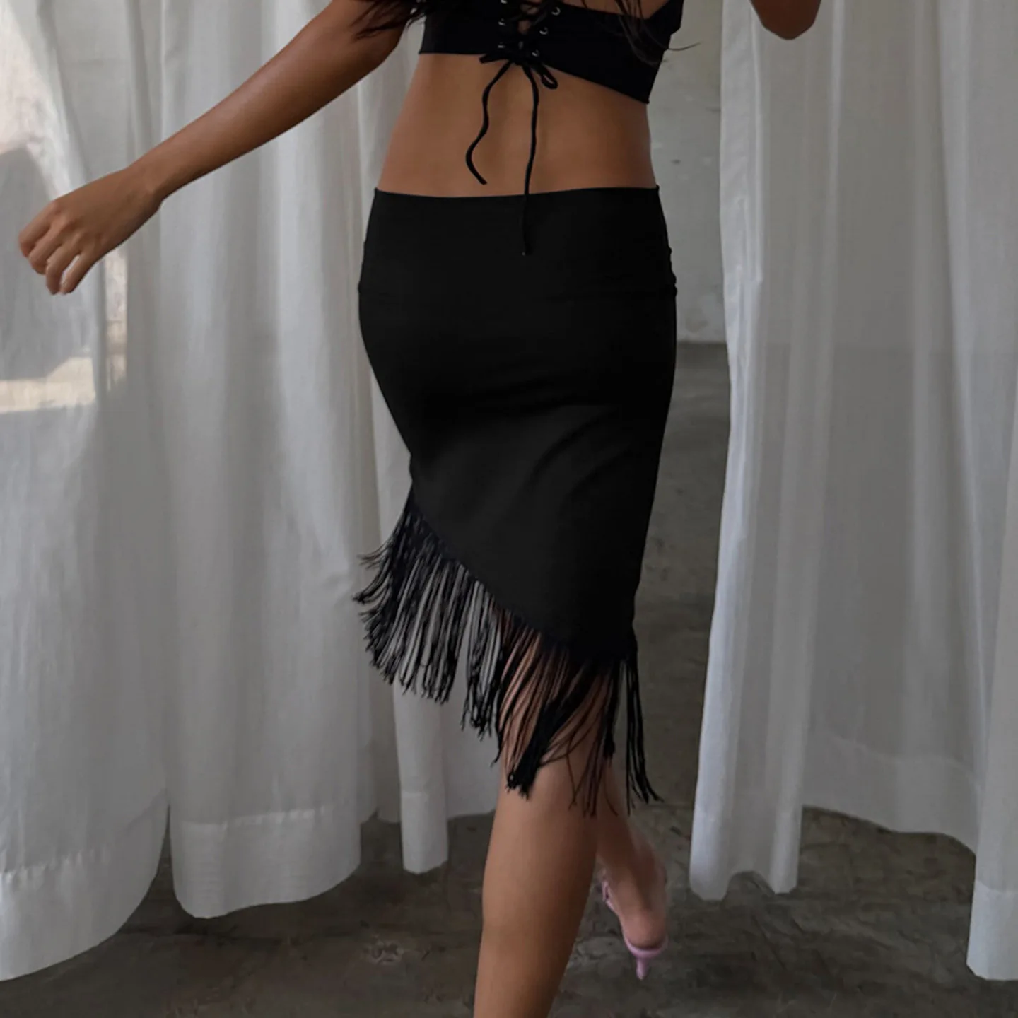 European American Low Rise Elegant One Piece Tassel Skirt Knitted Irregular Strap Wrapped Mid Length Skirt