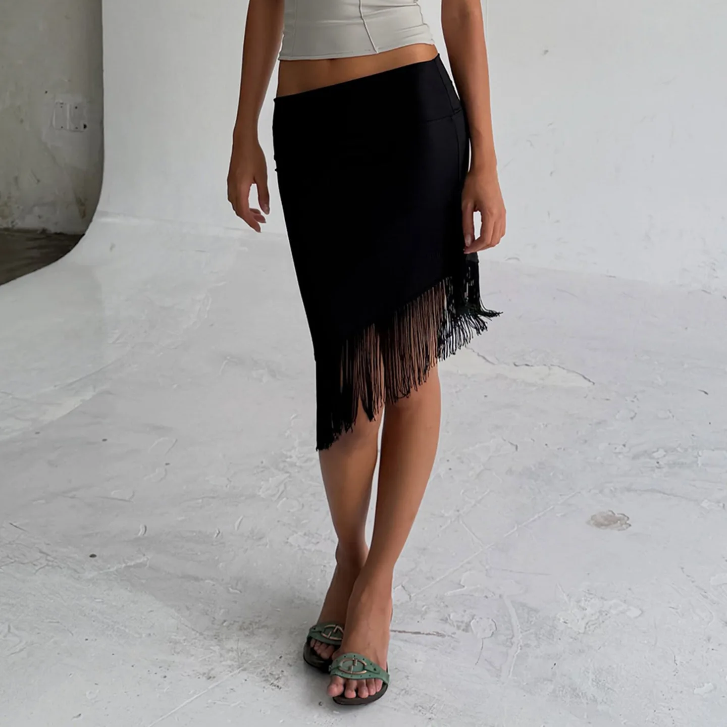 European American Low Rise Elegant One Piece Tassel Skirt Knitted Irregular Strap Wrapped Mid Length Skirt