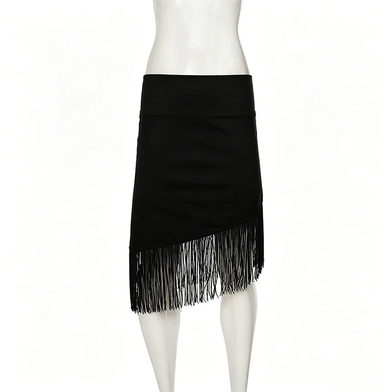 European American Low Rise Elegant One Piece Tassel Skirt Knitted Irregular Strap Wrapped Mid Length Skirt