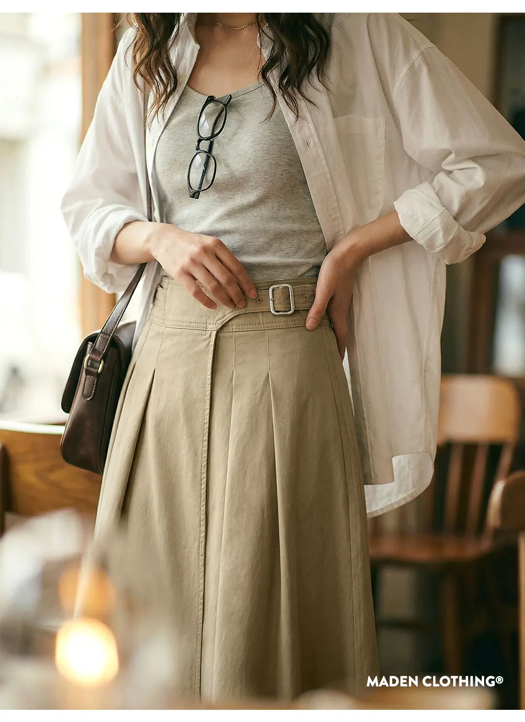 Maden Women's Khaki Pleated A-Line Skirt High-Waist Flared Cotton Half Skirt Big Swing Casual Spring Retro Style