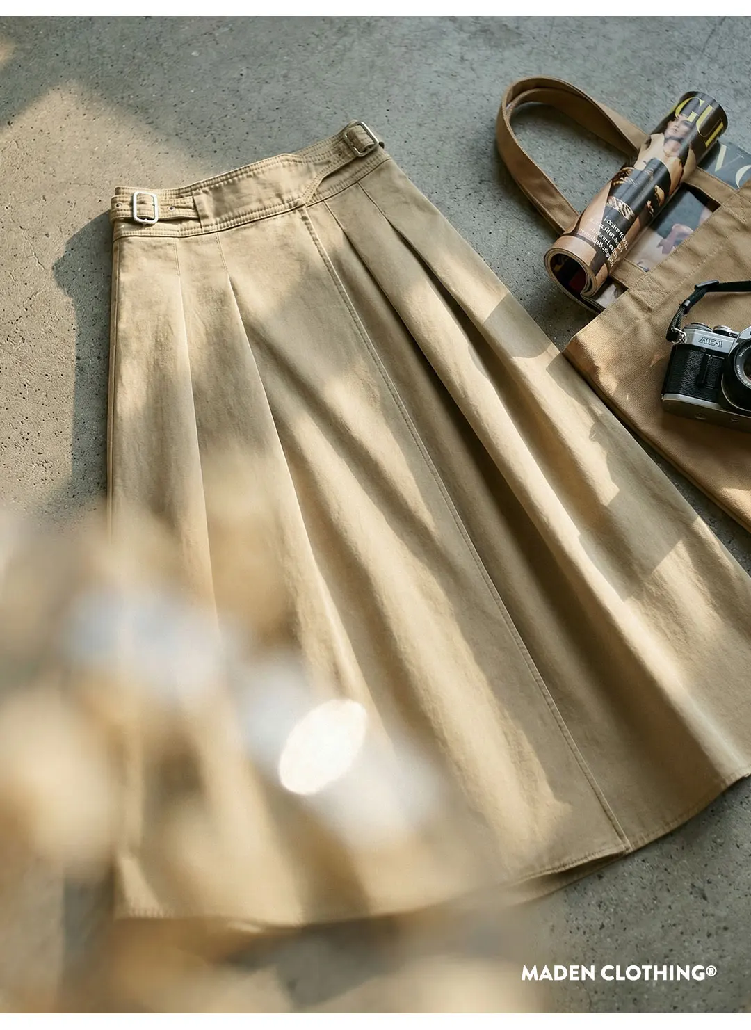 Maden Women's Khaki Pleated A-Line Skirt High-Waist Flared Cotton Half Skirt Big Swing Casual Spring Retro Style
