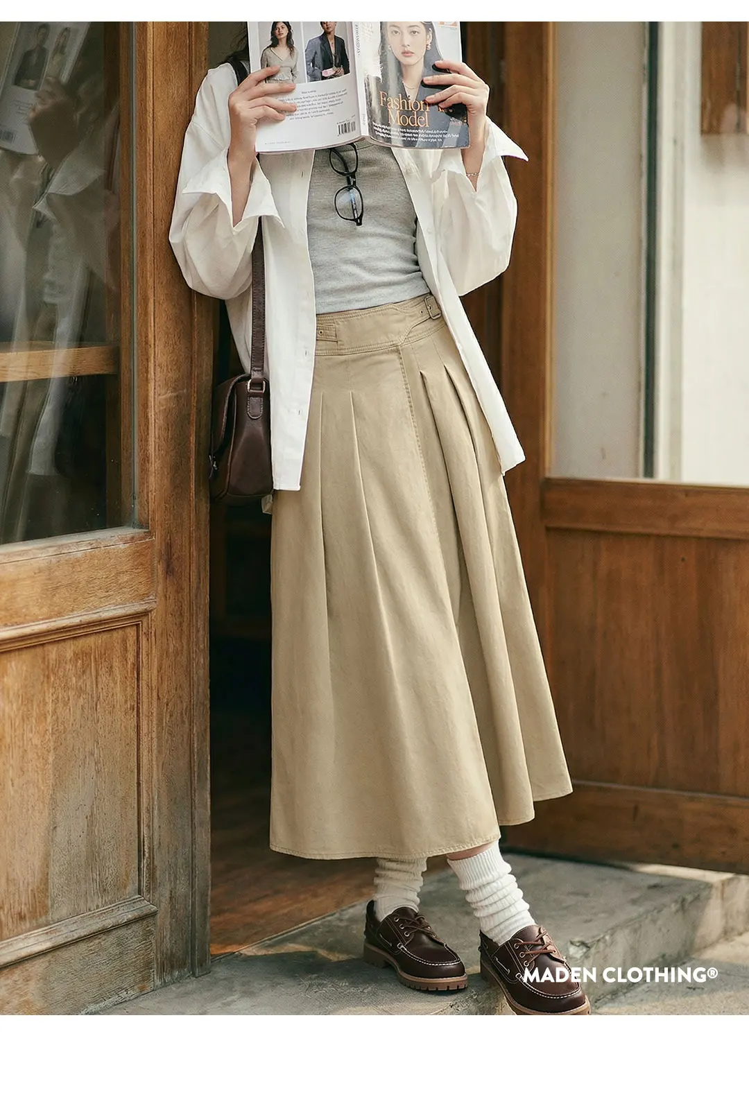 Maden Women's Khaki Pleated A-Line Skirt High-Waist Flared Cotton Half Skirt Big Swing Casual Spring Retro Style