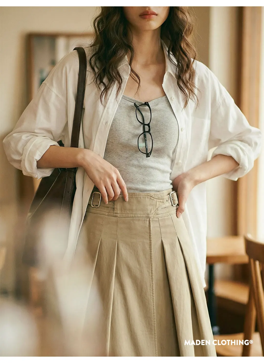 Maden Women's Khaki Pleated A-Line Skirt High-Waist Flared Cotton Half Skirt Big Swing Casual Spring Retro Style