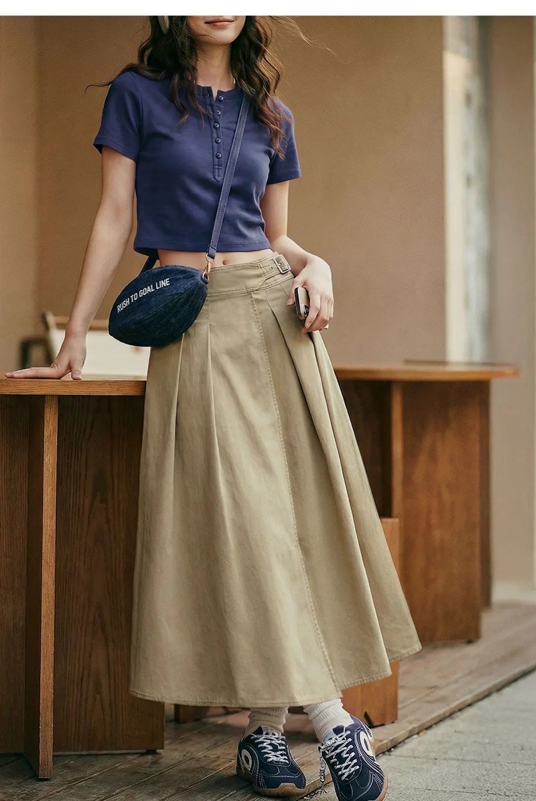 Maden Women's Khaki Pleated A-Line Skirt High-Waist Flared Cotton Half Skirt Big Swing Casual Spring Retro Style