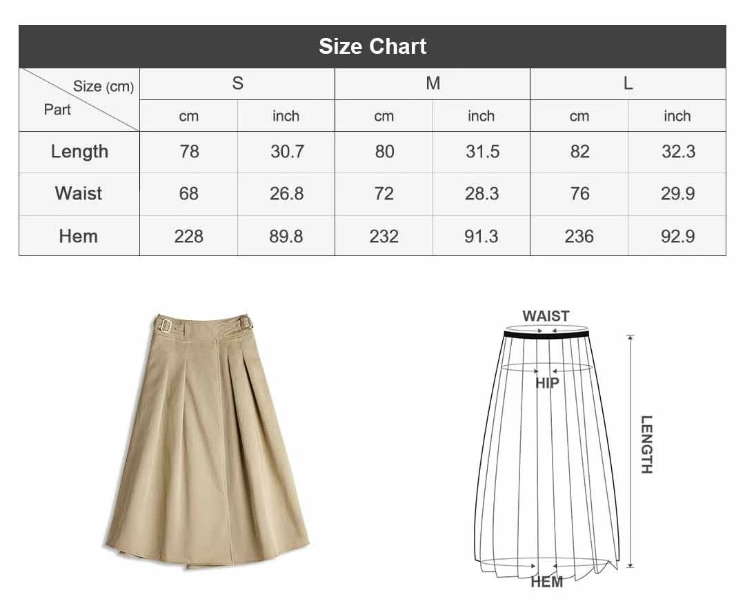 Maden Women's Khaki Pleated A-Line Skirt High-Waist Flared Cotton Half Skirt Big Swing Casual Spring Retro Style