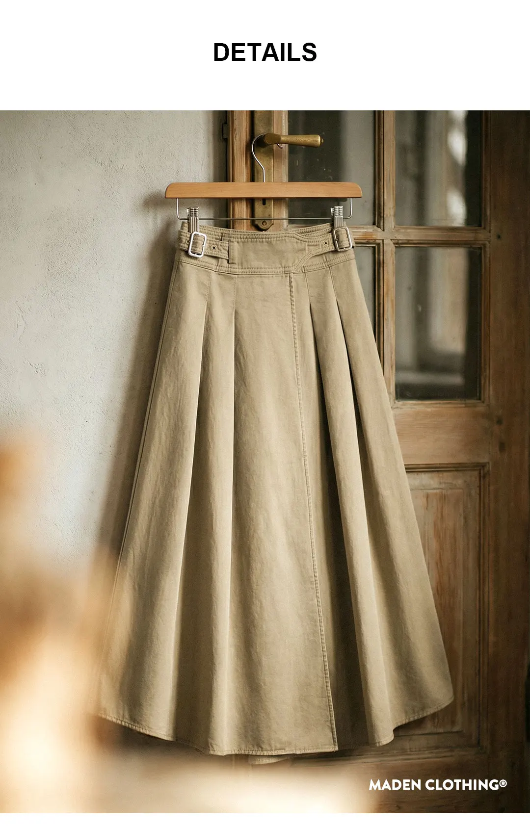 Maden Women's Khaki Pleated A-Line Skirt High-Waist Flared Cotton Half Skirt Big Swing Casual Spring Retro Style