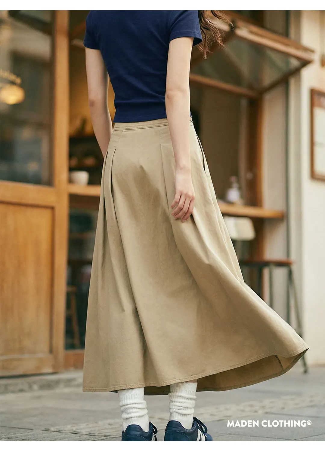 Maden Women's Khaki Pleated A-Line Skirt High-Waist Flared Cotton Half Skirt Big Swing Casual Spring Retro Style