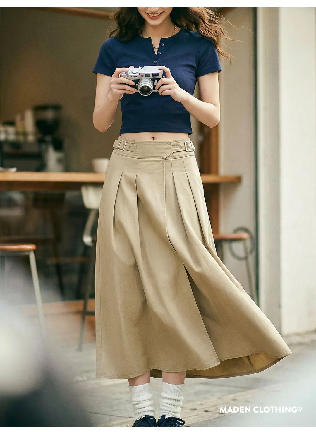 Maden Women's Khaki Pleated A-Line Skirt High-Waist Flared Cotton Half Skirt Big Swing Casual Spring Retro Style