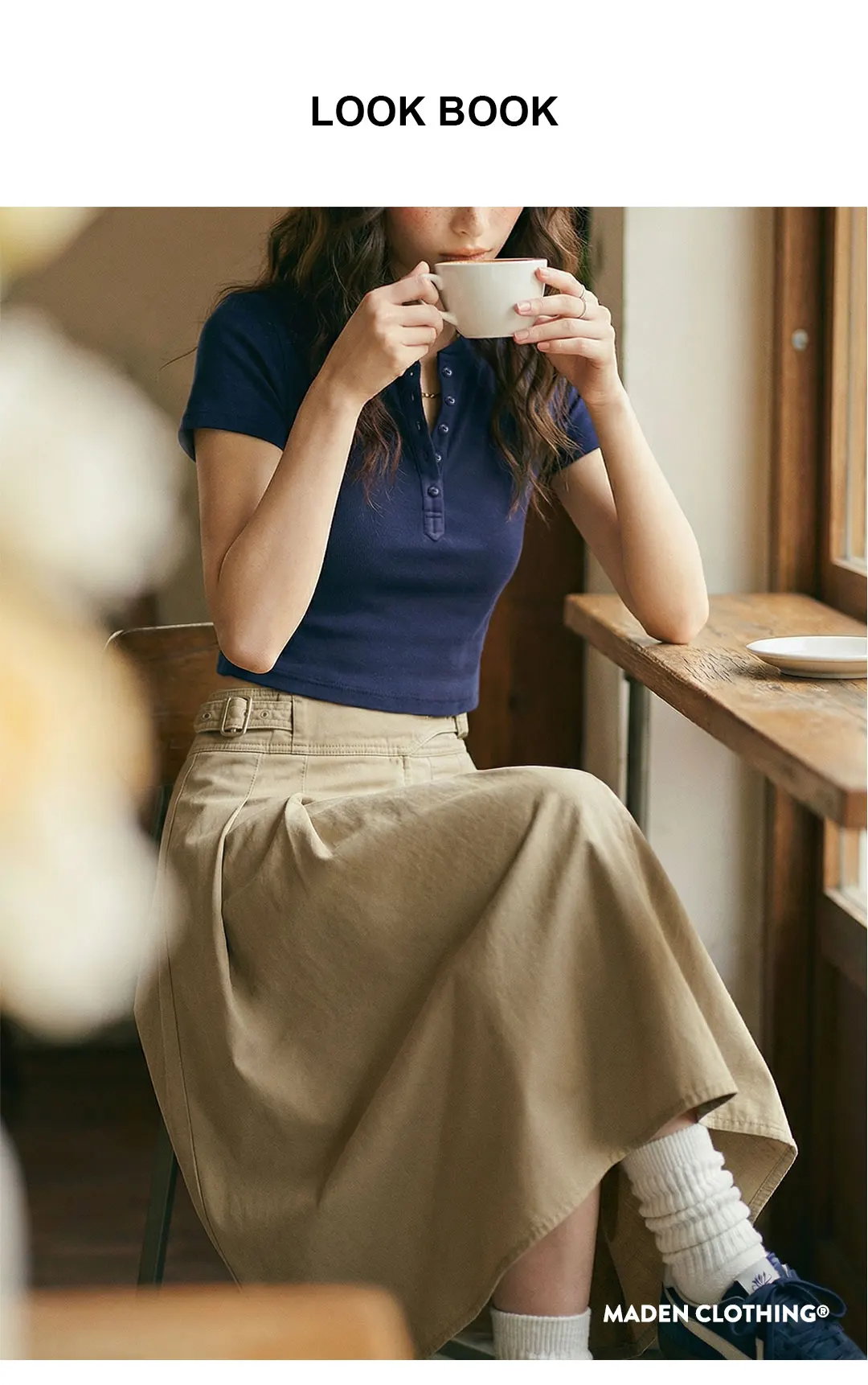 Maden Women's Khaki Pleated A-Line Skirt High-Waist Flared Cotton Half Skirt Big Swing Casual Spring Retro Style