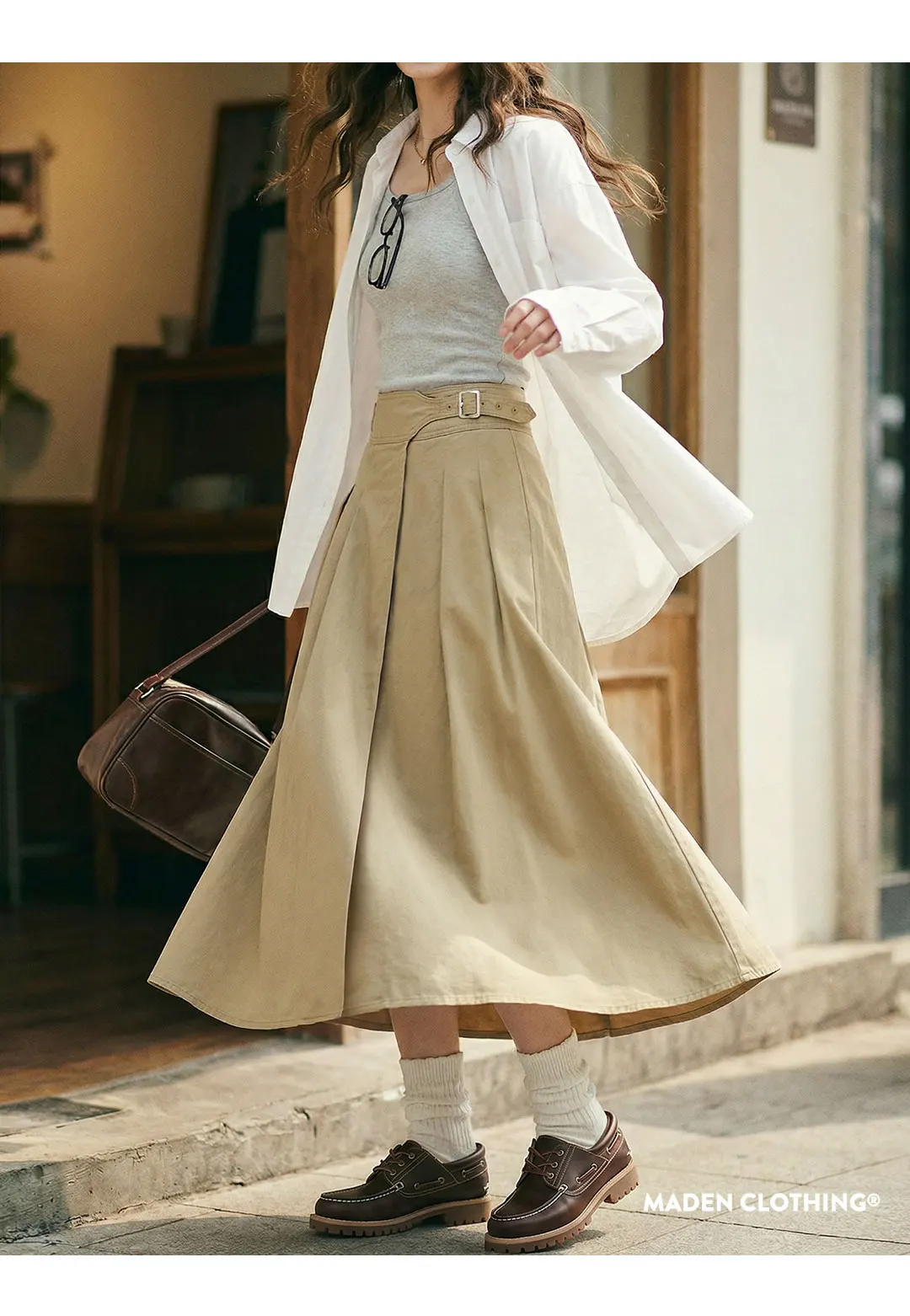 Maden Women's Khaki Pleated A-Line Skirt High-Waist Flared Cotton Half Skirt Big Swing Casual Spring Retro Style