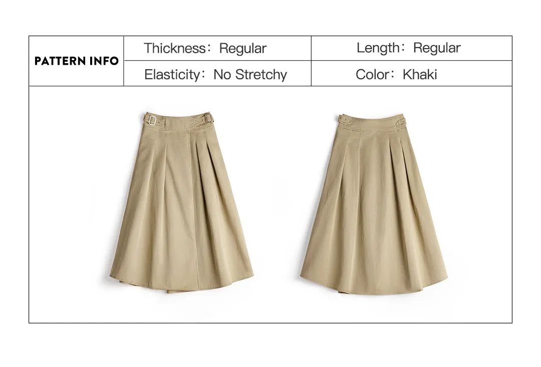 Maden Women's Khaki Pleated A-Line Skirt High-Waist Flared Cotton Half Skirt Big Swing Casual Spring Retro Style