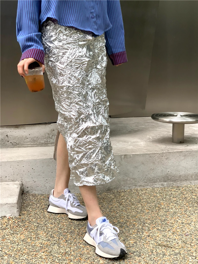 CHEERART Metallic Long Silver Skirt For Women Summer Texture Ruched High Fashion A Line Glitter Slit Midi Skirt Designer Clothes