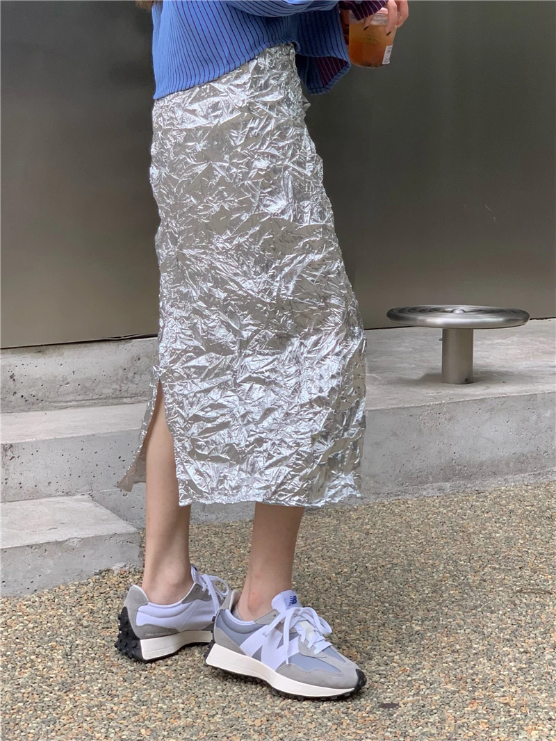 CHEERART Metallic Long Silver Skirt For Women Summer Texture Ruched High Fashion A Line Glitter Slit Midi Skirt Designer Clothes
