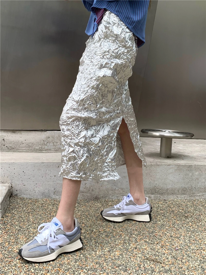 CHEERART Metallic Long Silver Skirt For Women Summer Texture Ruched High Fashion A Line Glitter Slit Midi Skirt Designer Clothes