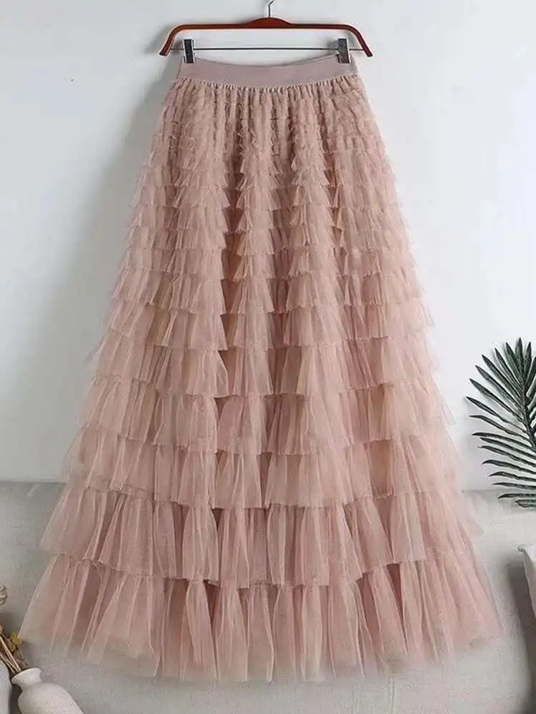 LANMREM Fashion Mesh Skirt Women High Waist A-line Gauze Spliced Solid Color Loose Skirts Versatile 2025 Spring New 2AA4000