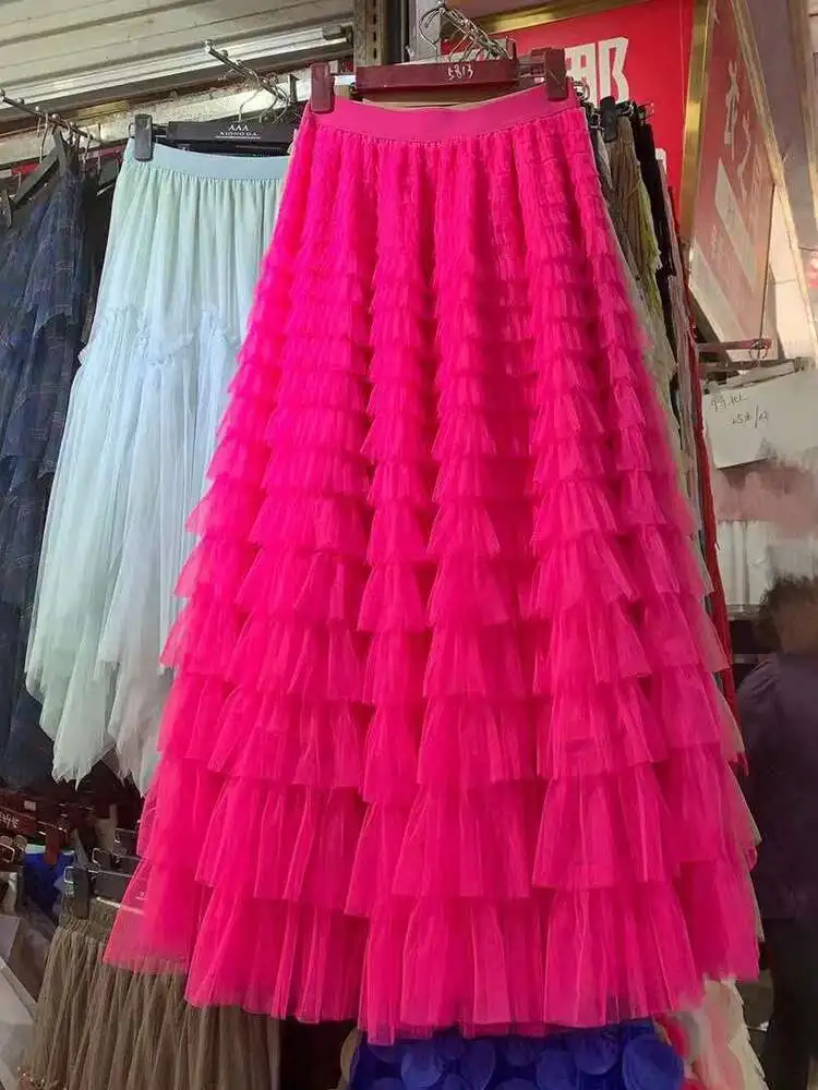 LANMREM Fashion Mesh Skirt Women High Waist A-line Gauze Spliced Solid Color Loose Skirts Versatile 2025 Spring New 2AA4000