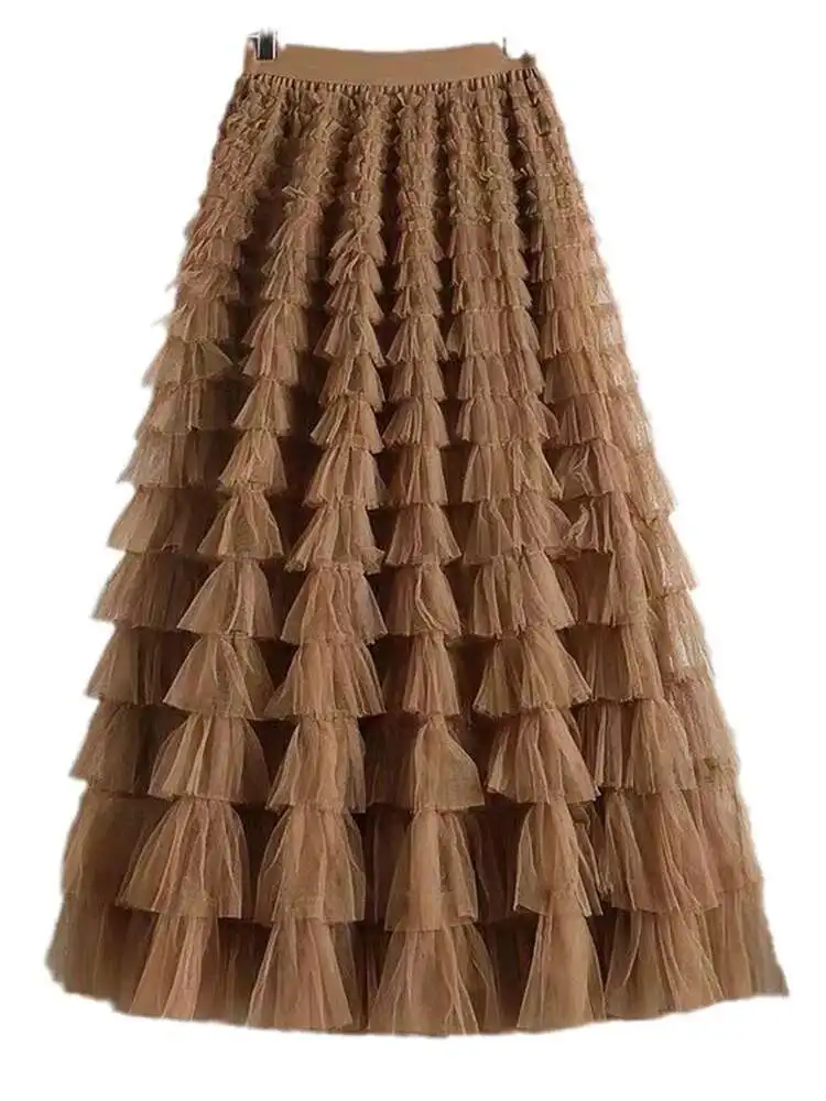 LANMREM Fashion Mesh Skirt Women High Waist A-line Gauze Spliced Solid Color Loose Skirts Versatile 2025 Spring New 2AA4000