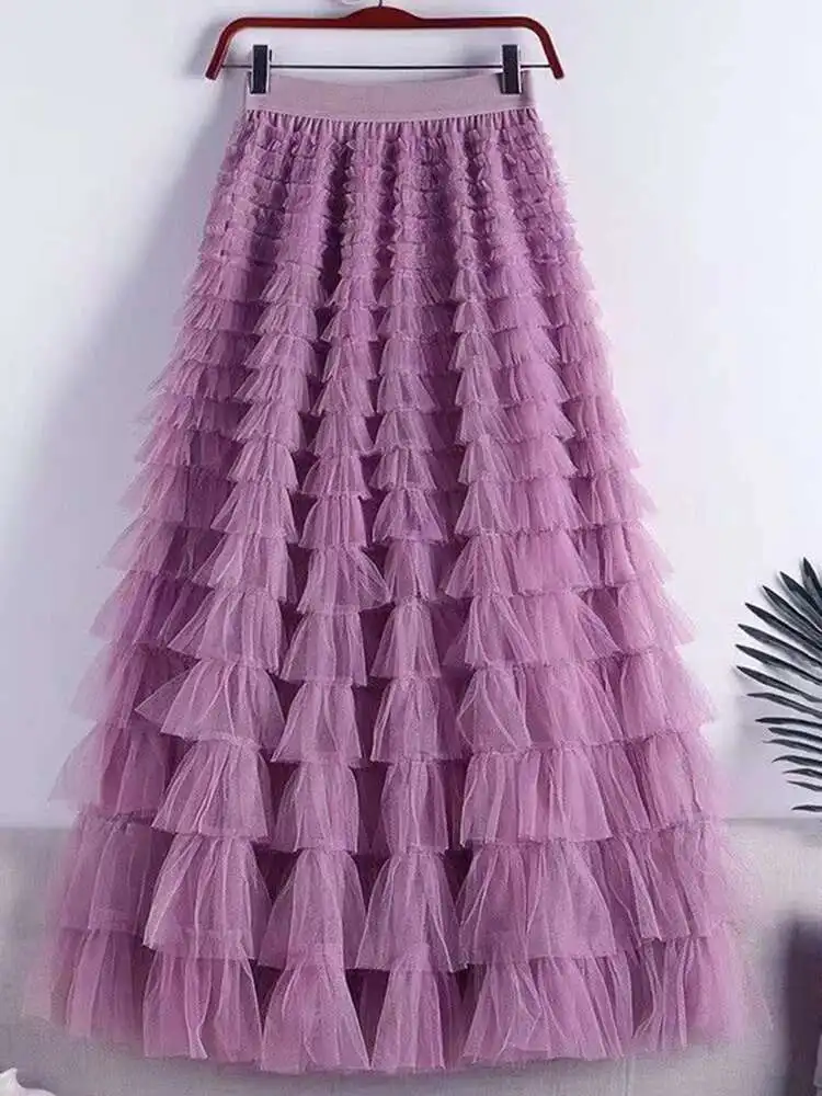 LANMREM Fashion Mesh Skirt Women High Waist A-line Gauze Spliced Solid Color Loose Skirts Versatile 2025 Spring New 2AA4000