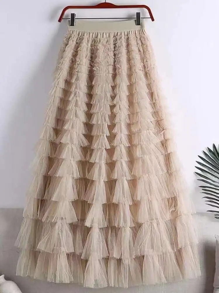 LANMREM Fashion Mesh Skirt Women High Waist A-line Gauze Spliced Solid Color Loose Skirts Versatile 2025 Spring New 2AA4000