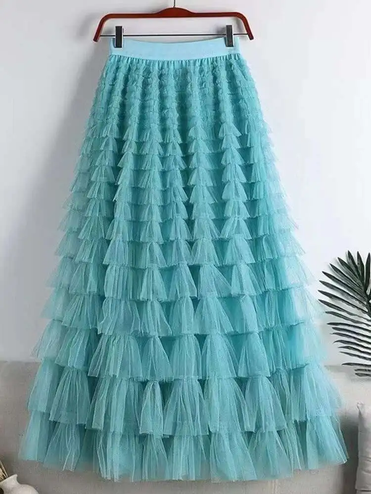 LANMREM Fashion Mesh Skirt Women High Waist A-line Gauze Spliced Solid Color Loose Skirts Versatile 2025 Spring New 2AA4000
