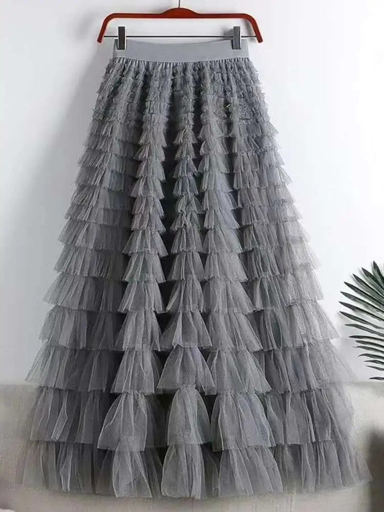 LANMREM Fashion Mesh Skirt Women High Waist A-line Gauze Spliced Solid Color Loose Skirts Versatile 2025 Spring New 2AA4000