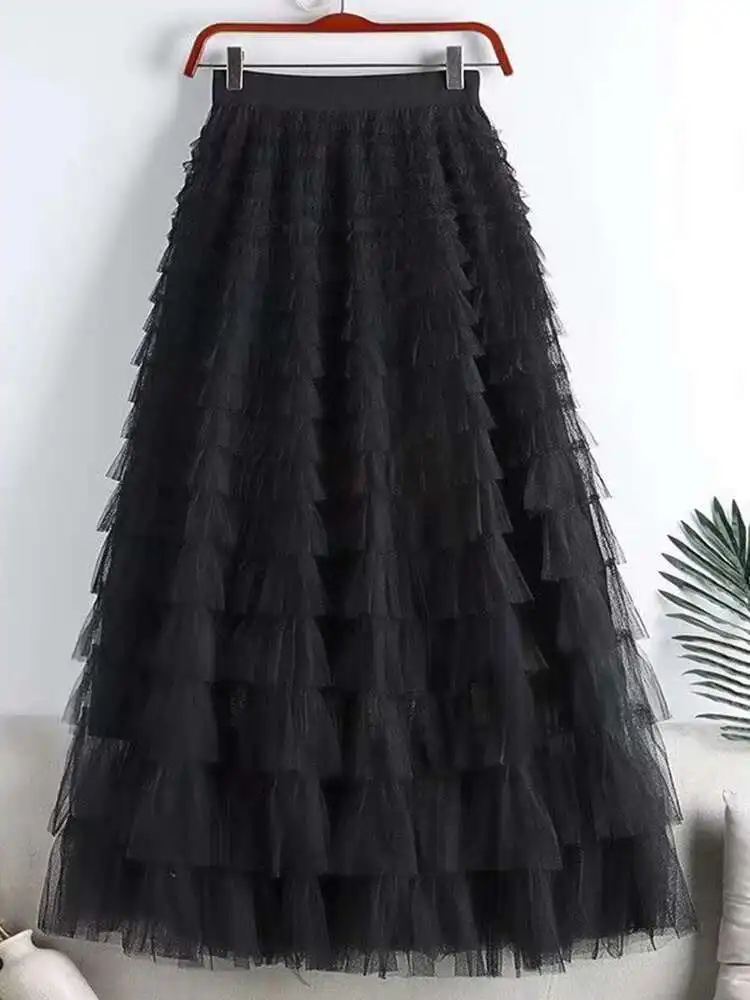 LANMREM Fashion Mesh Skirt Women High Waist A-line Gauze Spliced Solid Color Loose Skirts Versatile 2025 Spring New 2AA4000