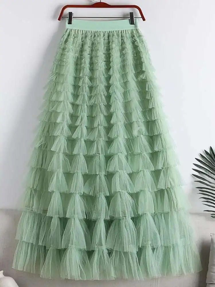 LANMREM Fashion Mesh Skirt Women High Waist A-line Gauze Spliced Solid Color Loose Skirts Versatile 2025 Spring New 2AA4000