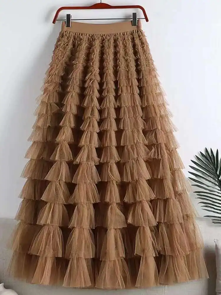 LANMREM Fashion Mesh Skirt Women High Waist A-line Gauze Spliced Solid Color Loose Skirts Versatile 2025 Spring New 2AA4000