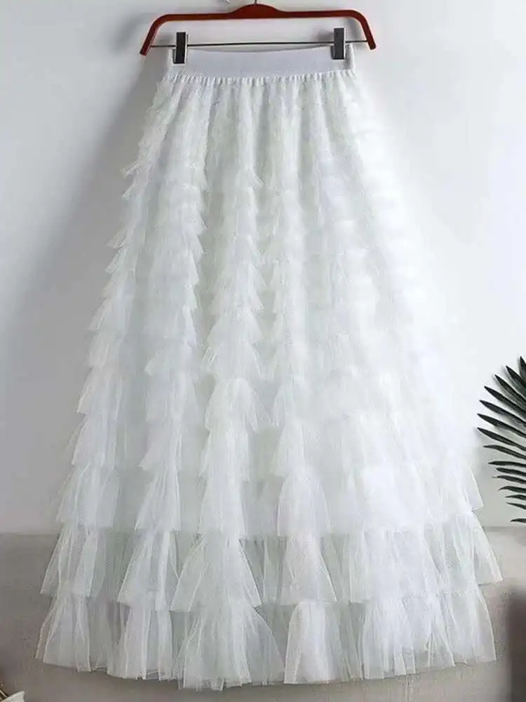 LANMREM Fashion Mesh Skirt Women High Waist A-line Gauze Spliced Solid Color Loose Skirts Versatile 2025 Spring New 2AA4000