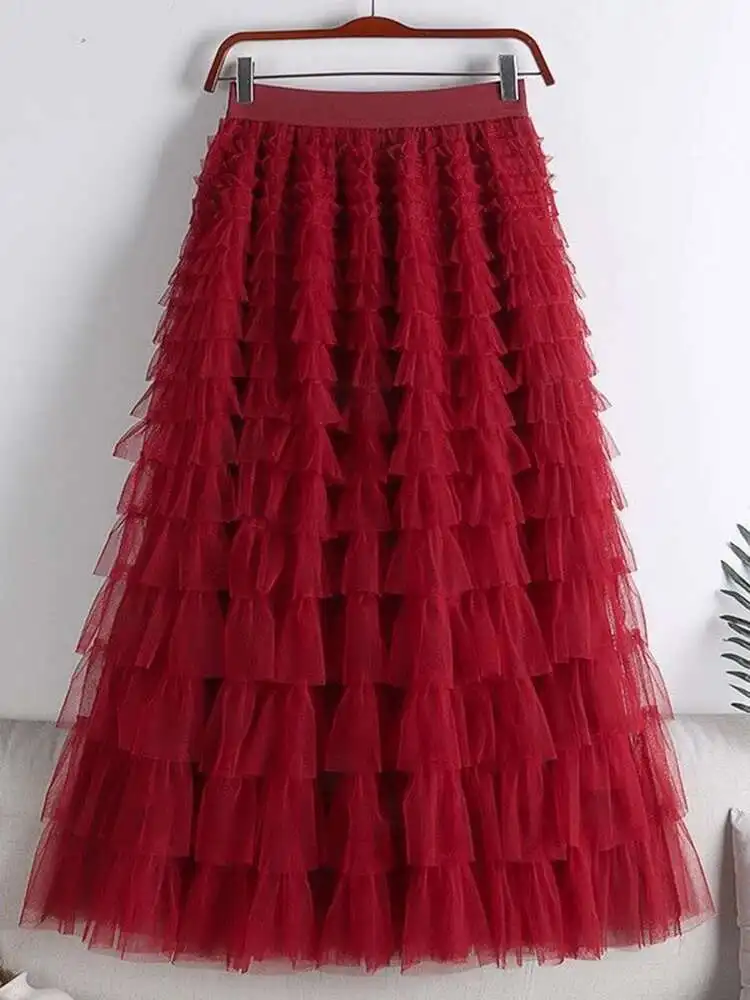 LANMREM Fashion Mesh Skirt Women High Waist A-line Gauze Spliced Solid Color Loose Skirts Versatile 2025 Spring New 2AA4000