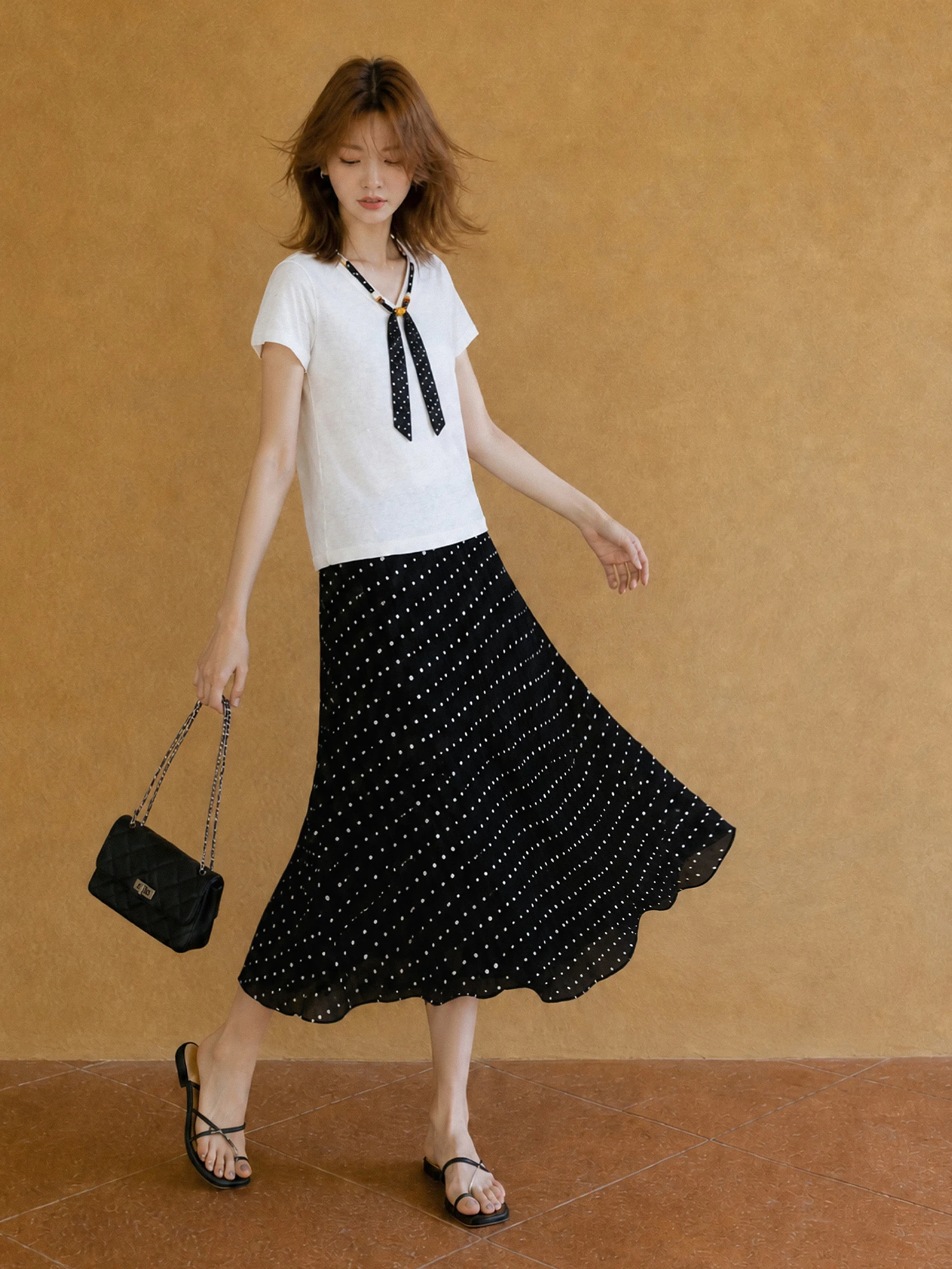 XIAOGULI 2026 Summer New Polka Dot Midi Skirt Women Chiffon Skirt Black Vintage Korean Style Elastic High Waist Leg lengthening