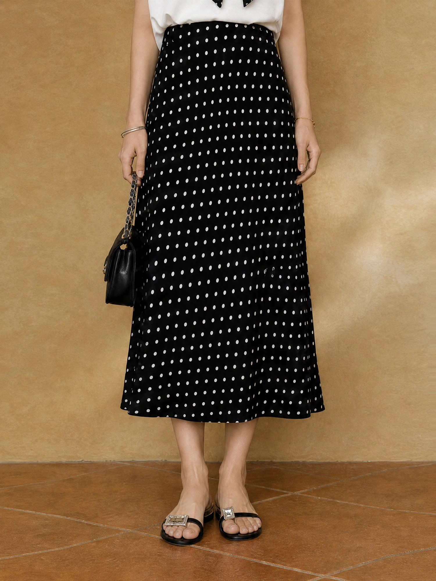 XIAOGULI 2026 Summer New Polka Dot Midi Skirt Women Chiffon Skirt Black Vintage Korean Style Elastic High Waist Leg lengthening