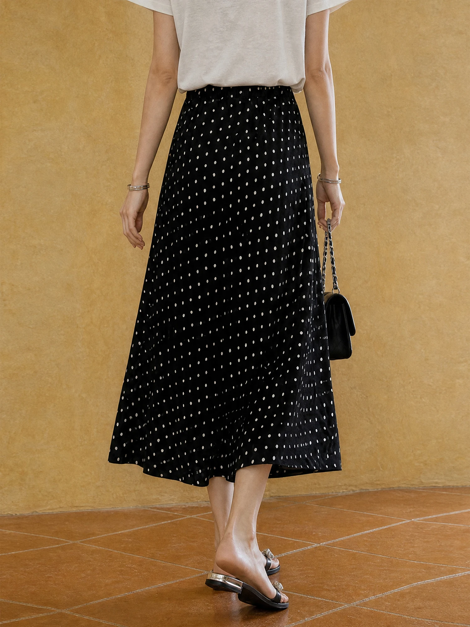 XIAOGULI 2026 Summer New Polka Dot Midi Skirt Women Chiffon Skirt Black Vintage Korean Style Elastic High Waist Leg lengthening