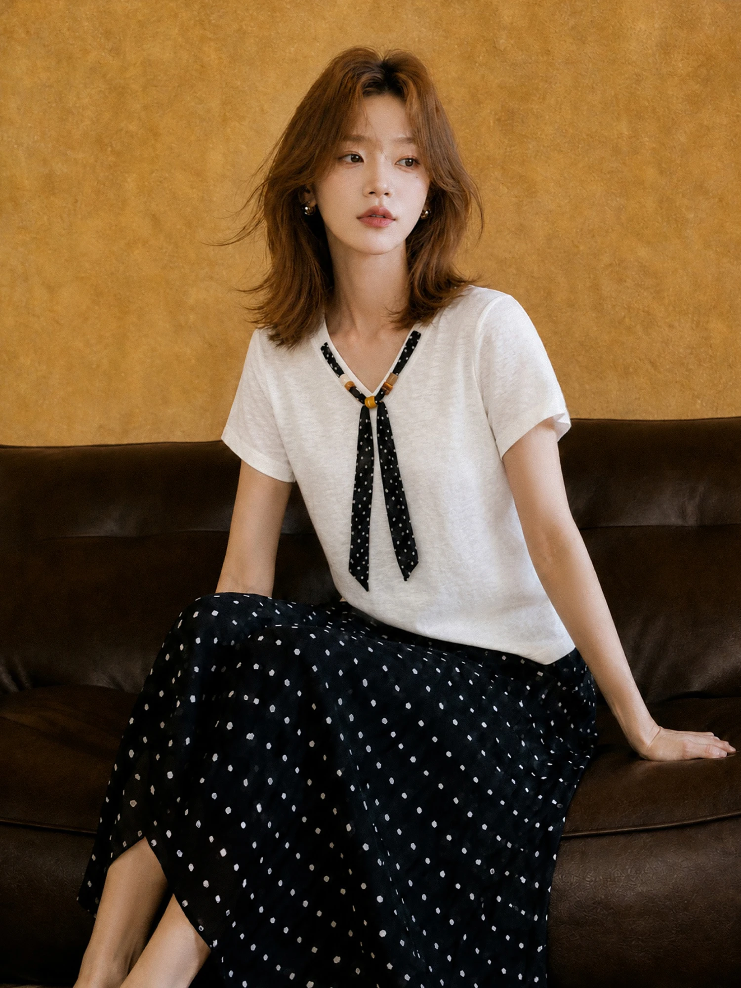 XIAOGULI 2026 Summer New Polka Dot Midi Skirt Women Chiffon Skirt Black Vintage Korean Style Elastic High Waist Leg lengthening