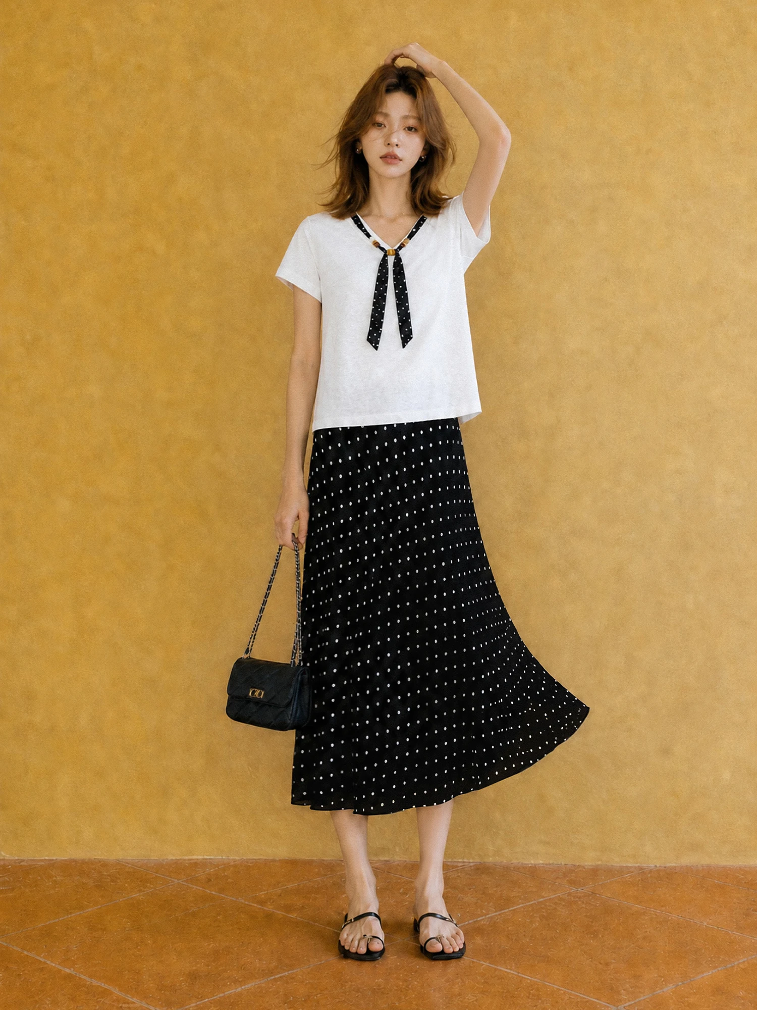 XIAOGULI 2026 Summer New Polka Dot Midi Skirt Women Chiffon Skirt Black Vintage Korean Style Elastic High Waist Leg lengthening