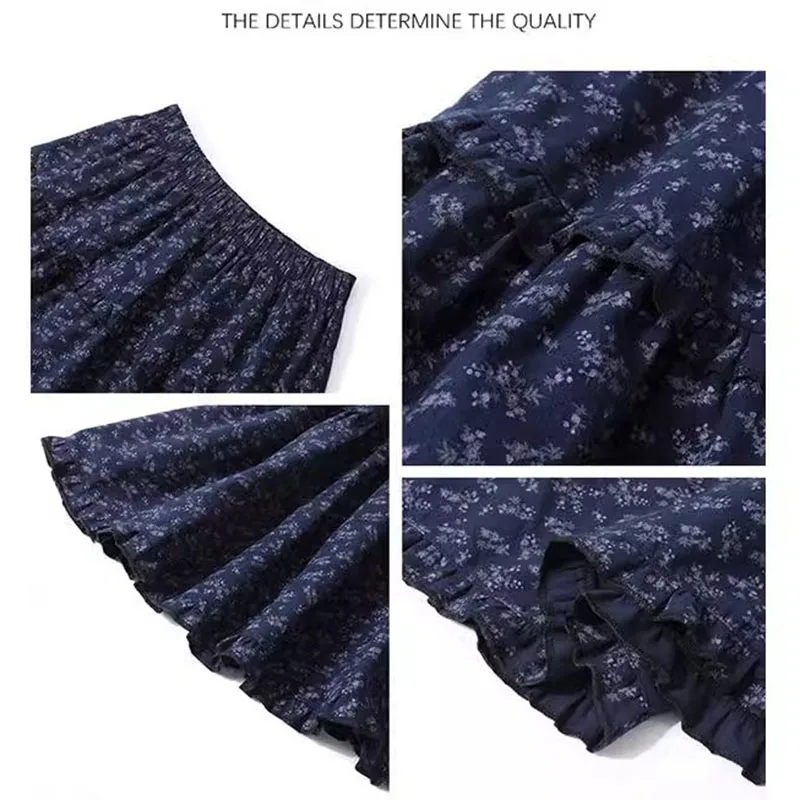 New Elegant Dark Blue Floral Women High-Waisted Retro Blue Floral Skirt Female A-line Skirt Casual Lazy Wind Long Skirt