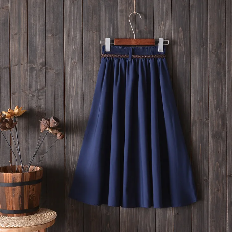 Midi Knee Length Summer Skirt Women With Belt Fashion Korean Ladies High Waist Pleated A-line School Skirt Female
