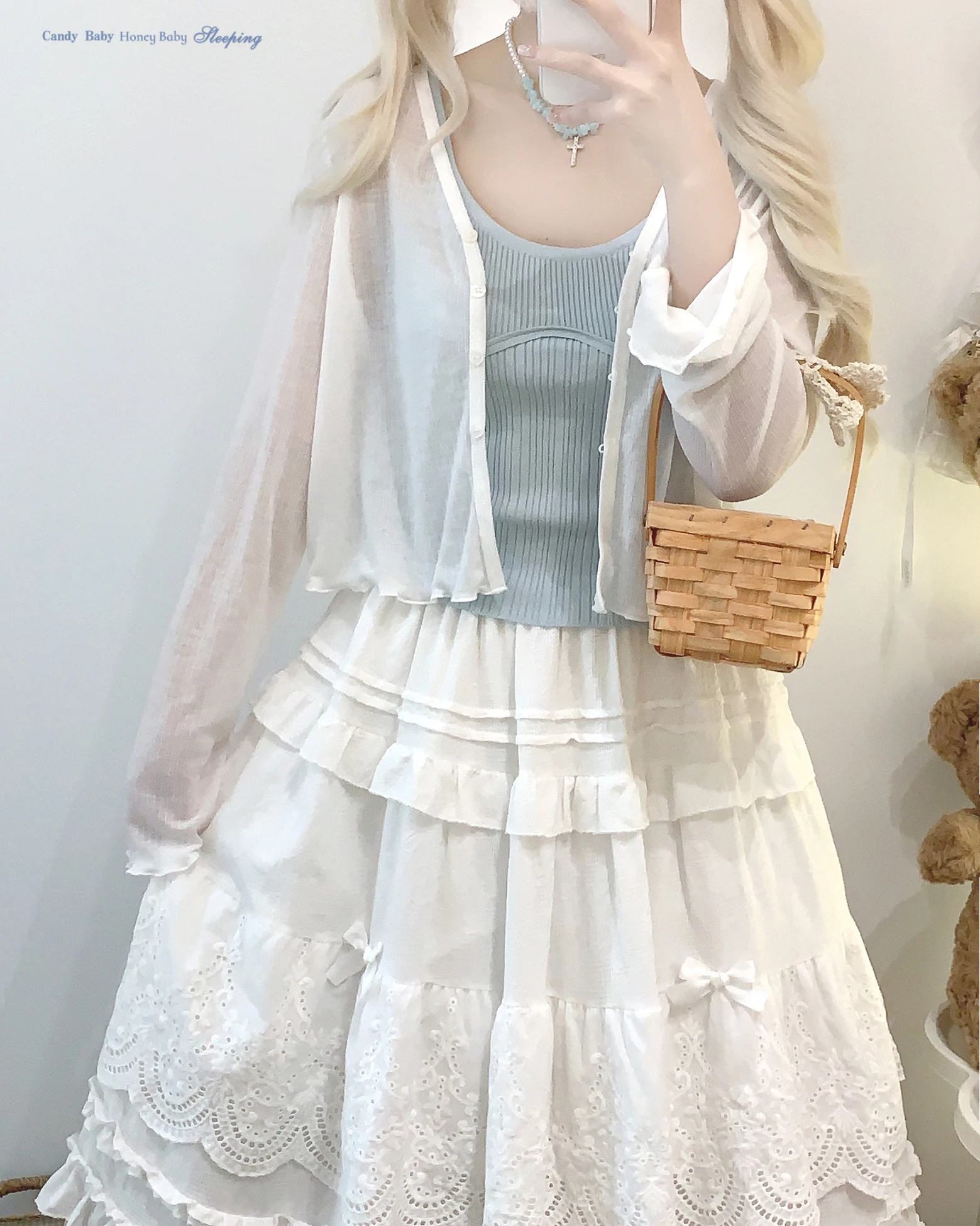Japanese Mori Artistic Style Embroidered Lace Bow Ruffled Elastic High Waist A-line Retro Casual Lolita Long Skirts for Women
