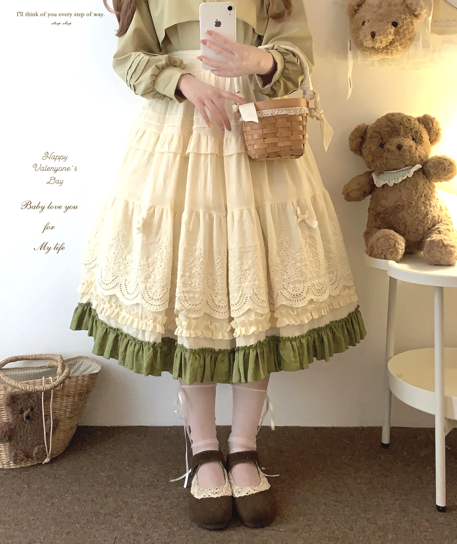 Japanese Mori Artistic Style Embroidered Lace Bow Ruffled Elastic High Waist A-line Retro Casual Lolita Long Skirts for Women