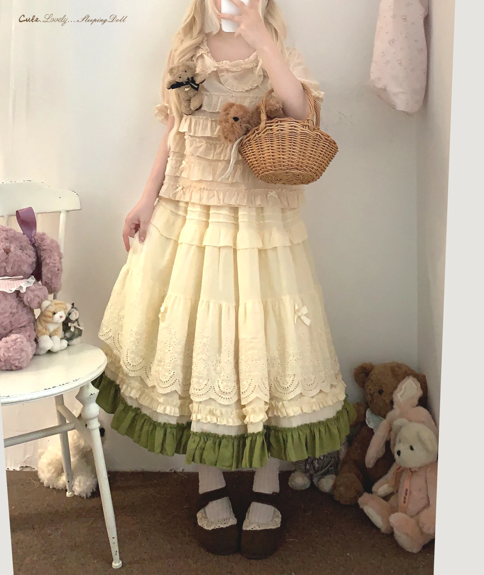 Japanese Mori Artistic Style Embroidered Lace Bow Ruffled Elastic High Waist A-line Retro Casual Lolita Long Skirts for Women