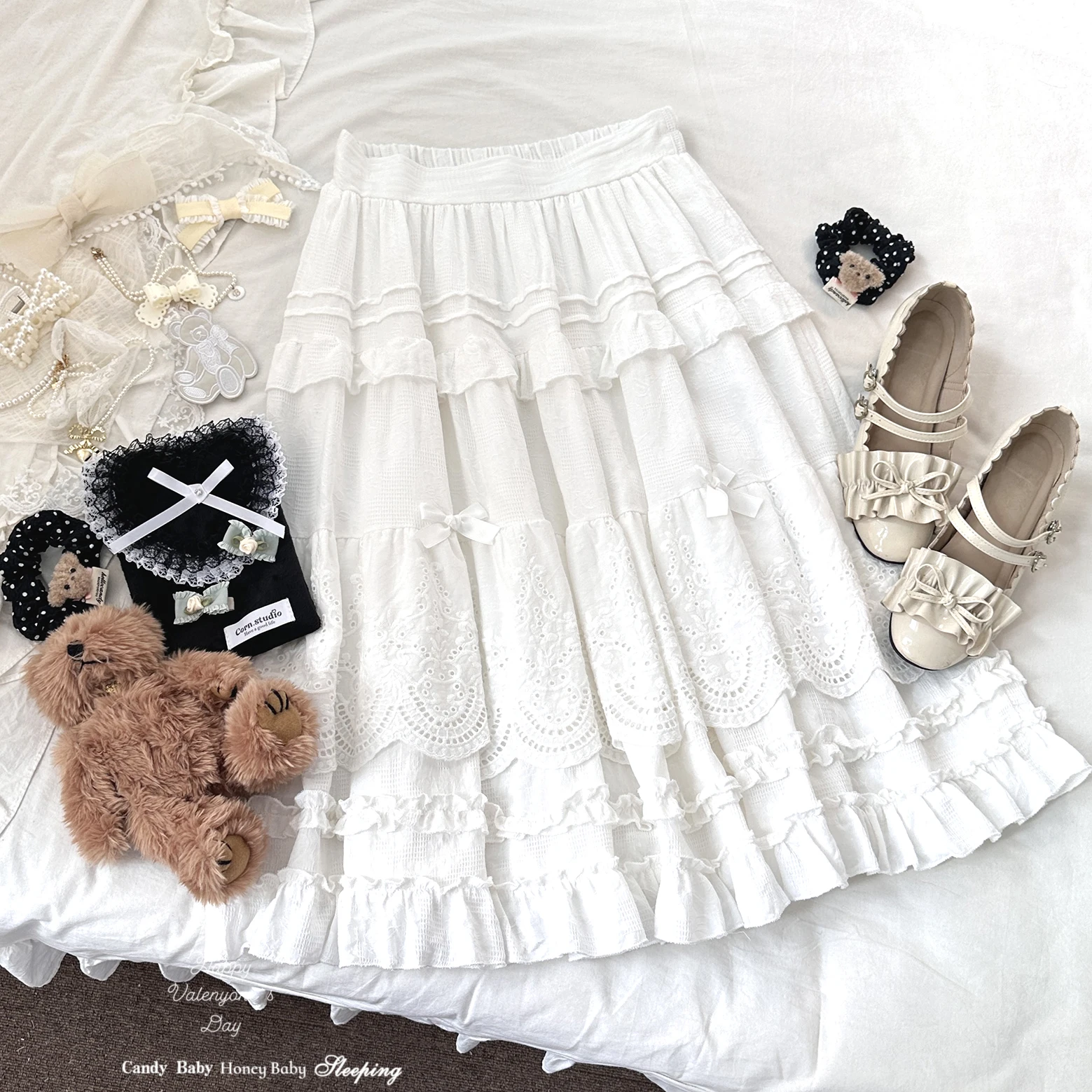 Japanese Mori Artistic Style Embroidered Lace Bow Ruffled Elastic High Waist A-line Retro Casual Lolita Long Skirts for Women