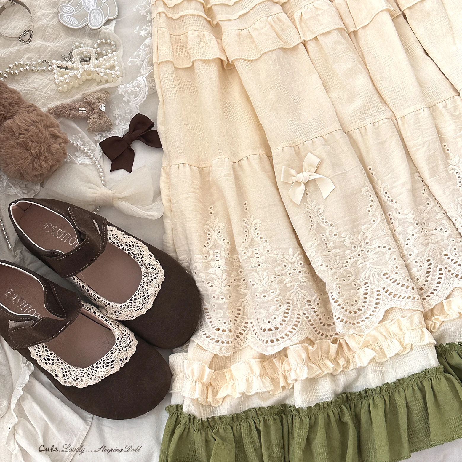 Japanese Mori Artistic Style Embroidered Lace Bow Ruffled Elastic High Waist A-line Retro Casual Lolita Long Skirts for Women