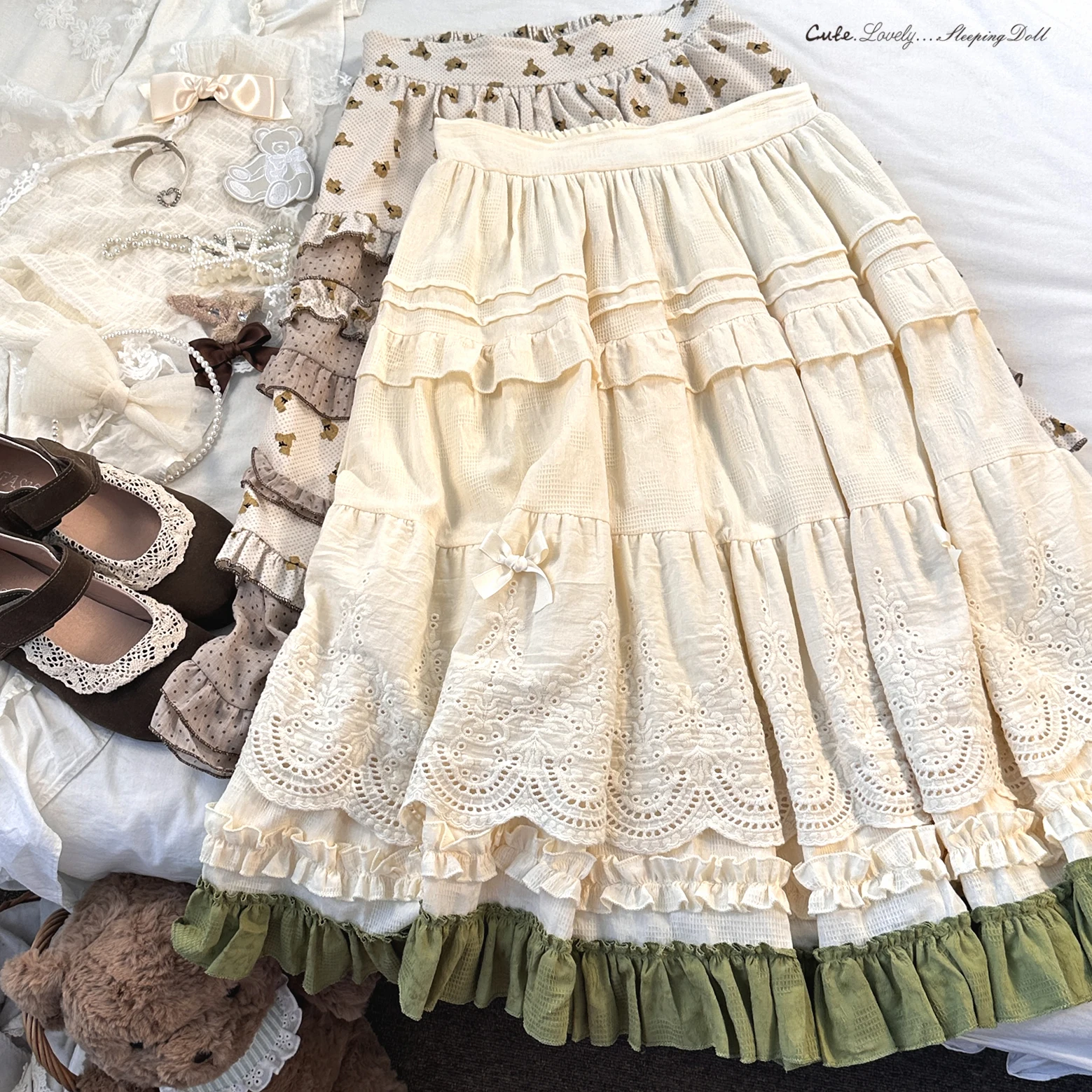 Japanese Mori Artistic Style Embroidered Lace Bow Ruffled Elastic High Waist A-line Retro Casual Lolita Long Skirts for Women