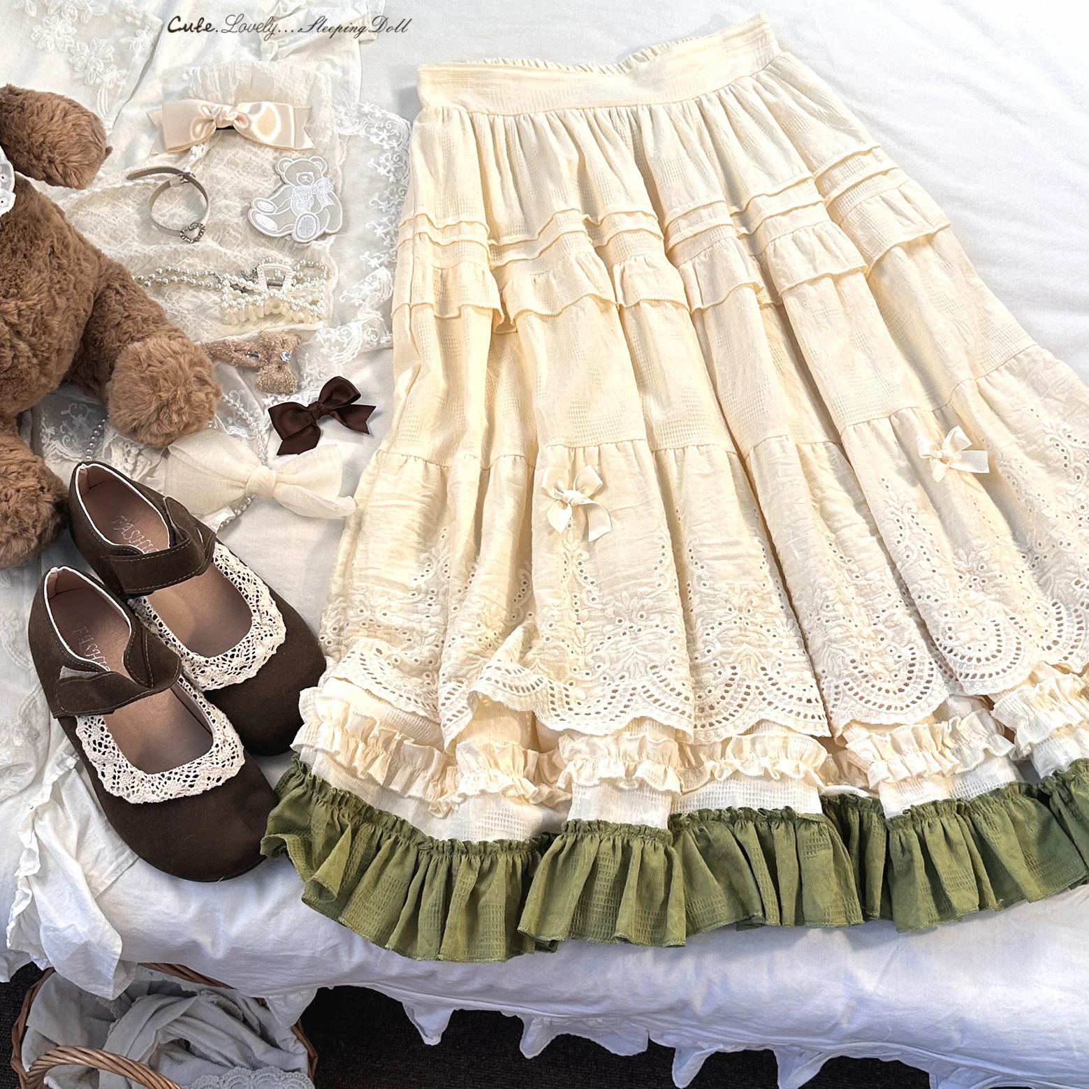 Japanese Mori Artistic Style Embroidered Lace Bow Ruffled Elastic High Waist A-line Retro Casual Lolita Long Skirts for Women